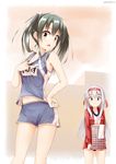  bare_legs bare_shoulders basket brown_eyes grey_hair gym_uniform hand_on_hip headband hino_(2nd_life) jacket jersey kantai_collection looking_at_viewer midriff multiple_girls name_tag navel open_clothes open_jacket shirt_tug shorts shoukaku_(kantai_collection) silver_hair sportswear towel track_jacket track_uniform twintails twitter_username zuikaku_(kantai_collection) 