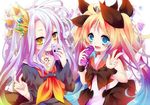  :&lt; :d blonde_hair blue_eyes cellphone creator_connection crossover gradient_hair greed_packet_unlimited hair_between_eyes hair_ornament hair_ribbon highres holding kyouda_suzuka long_hair looking_at_viewer multicolored_hair multiple_girls no_game_no_life nokia open_mouth phone purple_hair ribbon school_uniform serafuku shiro_(no_game_no_life) smile twintails v wristband yellow_eyes 