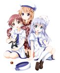  :d anko_(gochiusa) blue_eyes brown_eyes brown_hair bunny crown crown_removed gochuumon_wa_usagi_desu_ka? hair_ornament hairclip hat hat_removed headwear_removed highres hoto_cocoa hoto_cocoa's_school_uniform kafuu_chino kafuu_chino's_school_uniform kneeling long_hair looking_at_viewer low_twintails multiple_girls natsu_megumi open_mouth petting purple_eyes ruu_(tksymkw) school_uniform serafuku shoes short_hair silver_hair simple_background sitting smile tippy_(gochiusa) triangle_mouth twintails white_background white_hat white_legwear x_hair_ornament 