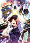  :d gloves green_eyes ground_vehicle hat looking_at_viewer open_mouth original pointing red_hair ryuji_(ikeriu) short_hair smile solo train train_conductor uniform white_gloves 