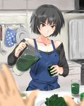  amagami apron bare_shoulders black_hair blush brown_eyes commentary counter cowboy_shot glass kitchen light_smile md5_mismatch murasaki_iro nanasaki_ai off_shoulder out_of_frame pitcher pov pov_hands short_hair solo_focus 