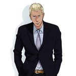  bad_id bad_pixiv_id blonde_hair formal gamagoori_ira hands_in_pockets kill_la_kill ma2 male_focus necktie smile solo suit white_background 