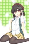  :d black_hair black_legwear brown_eyes casual east01_06 hair_ornament hairclip hat highres looking_at_viewer open_mouth original plaid plaid_skirt pleated_skirt sitting skirt smile solo sweatdrop thighhighs two_side_up vest zettai_ryouiki 