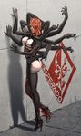  53142 against_wall ass bodysuit breasts come_hither cyborg dark_skin full_body hair_over_one_eye high_heels highres large_breasts leg_lift lipstick long_hair makeup metal_gear_(series) metal_gear_rising:_revengeance mistral_(metal_gear_rising) multiple_arms nose red_hair science_fiction smile solo standing standing_on_one_leg 
