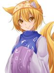  animal_ears blonde_hair fox_ears fox_girl fox_tail hands_together long_coat long_sleeves looking_at_viewer object_on_head panties panties_on_head remiria100 short_hair smile solo tabard tail touhou underwear white_coat wide_sleeves yakumo_ran yellow_eyes 