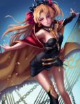  armpits asymmetrical_legwear asymmetrical_sleeves bangs bare_shoulders black_dress black_legwear blonde_hair bow breasts cape chains dress dutch_angle earrings ereshkigal_(fate/grand_order) fate/grand_order fate_(series) frilled_cape fur-trimmed_cape fur_trim gluteal_fold gold_trim hair_bow highres infinity jewelry long_hair looking_to_the_side multicolored multicolored_cape multicolored_clothes nai_zi outstretched_arms parted_bangs red_bow red_cape red_eyes single_sleeve single_thighhigh skull sky small_breasts smile solo spine standing thighhighs tiara two_side_up yellow_cape 