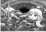  bow bucket cave dress greyscale hair_bobbles hair_bow hair_ornament in_bucket in_container kisume kurodani_yamame monochrome multiple_girls nib_pen_(medium) open_mouth ponytail ribbon short_hair smile soyanrai touhou traditional_media twintails 