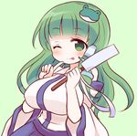  ;p blue_skirt blush breasts detached_sleeves frog_hair_ornament gohei green_background green_eyes green_hair hair_ornament hair_tubes kochiya_sanae large_breasts long_hair looking_at_viewer marshmallow_mille one_eye_closed pointing pointing_at_self simple_background skirt snake_hair_ornament solo tongue tongue_out touhou 