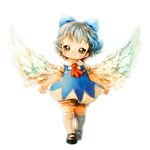  alternate_wings angel_wings ascot bloomers blue_dress blue_hair bow cirno commentary dress grey_eyes hair_bow ice ice_wings mary_janes puffy_short_sleeves puffy_sleeves shirt shoes short_sleeves silver_hair smile solo souri touhou underwear walking wings 