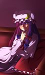  blush capelet crescent hat highres long_hair patchouli_knowledge pillow purple_eyes purple_hair samuimu solo touhou 