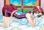  1girl ass bed bike_shorts breast_press breasts female hayami_jin highres hino_akane hino_akane_(smile_precure!) large_breasts long_hair looking_at_viewer open_mouth ponytail precure red_eyes red_hair smile smile_precure! solo top-down_bottom-up v 