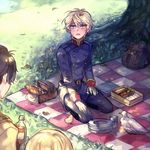  2boys aldnoah.zero asseylum_vers_allusia bag bird blonde_hair bottle bread brown_hair food gloves green_eyes kaizuka_inaho kneeling kuuko leaf leaf_on_head military military_uniform multiple_boys picnic picnic_basket school_uniform short_hair silver_hair sitting slaine_troyard tree uniform wariza 