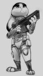  armor assault_rifle disney female grey_background greyscale gun judy_hopps lagomorph mammal monochrome rabbit ranged_weapon rifle simple_background soldier solo w4g4 weapon zootopia 