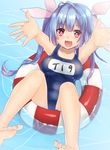  :d afloat barefoot blue_hair breasts fang hair_ribbon i-19_(kantai_collection) innertube kantai_collection keita_(tundereyuina) large_breasts lifebuoy long_hair looking_at_viewer name_tag one-piece_swimsuit open_mouth outstretched_arms outstretched_hand partially_submerged pink_eyes reaching_out ribbon school_swimsuit smile solo star star-shaped_pupils swimsuit symbol-shaped_pupils twintails water 