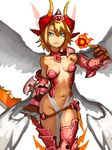  :/ armor bare_shoulders bikini_armor blonde_hair blue_eyes breasts center_opening choker fireball gauntlets greaves groin hair_between_eyes hamama2 highres horns loincloth low_wings minerva_(p&amp;d) multiple_wings navel no_panties pelvic_curtain puzzle_&amp;_dragons short_hair sketch small_breasts solo sword thighhighs weapon white_wings wings 
