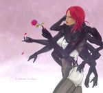  bad_id bad_pixiv_id blue_eyes bodysuit breasts cyborg dark_skin flare_(shin-s) flower french long_hair medium_breasts metal_gear_(series) metal_gear_rising:_revengeance mistral_(metal_gear_rising) multiple_arms nose petals red_hair rose solo translated 