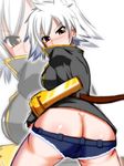  1girl arc_system_works ass backboob belt blazblue breasts brown_eyes bullet_(blazblue) butt_crack fingerless_gloves from_behind gloves huge_ass jacket large_breasts looking_at_viewer looking_back scar short_hair short_shorts shorts solo turning_head white_hair yasha_(artist) 