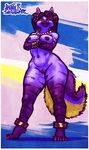  anklet breasts crossed_arms ear_piercing female fur hyena jewelry layla_(dragons0ul) looking_at_viewer mammal necklace nude piercing purple_fur pussy sligarthetiger solo standing voluptuous wide_hips 