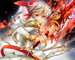  bad_id bad_pixiv_id brown_hair feathers fire fusion hood kamui_(tales_of_zestiria) lailah_(tales) long_hair male_focus n_(no_bu) ponytail red_eyes smile solo sorey_(tales) sword tales_of_(series) tales_of_zestiria weapon 