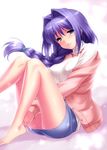  arms_between_legs barefoot blue_eyes blush braid breasts hair_intakes hair_over_shoulder kanon large_breasts long_hair looking_at_viewer mature minase_akiko miniskirt open_mouth panties parted_lips purple_hair single_braid sitting skirt smile solo sweater underwear zen 
