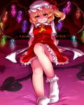  arm_support ascot bad_id bad_pixiv_id blonde_hair bobby_socks flandre_scarlet frilled_skirt frills grin hat hat_ribbon highres laevatein leaning_back legs legs_together looking_at_viewer maina_(kazumi3) mob_cap naughty_face on_bed puffy_short_sleeves puffy_sleeves red_eyes red_skirt ribbon shirt short_sleeves side_ponytail sitting skirt skirt_set smile socks solo stain touhou vest white_shirt wings 