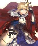  :d ahoge armor armored_dress artoria_pendragon_(all) bad_id bad_pixiv_id blonde_hair bow cape crown fate/stay_night fate_(series) gauntlets green_eyes hair_bow hair_ribbon kazutake_hazano looking_at_viewer open_mouth reaching ribbon saber smile solo 