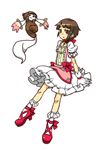  asymmetrical_hair boots bow brown_eyes brown_hair choker commentary_request cosplay dress full_body gloves hair_ornament hairclip highres iwakura_lain kaname_madoka kaname_madoka_(cosplay) kyubey looking_at_viewer magical_girl mahou_shoujo_madoka_magica open_mouth ribbon serial_experiments_lain short_hair simple_background squemezzo white_background 