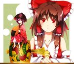  :c ascot barefoot blurry bow bowl brown_hair circle depth_of_field detached_sleeves full_body green_background hair_bow hair_tubes hakurei_reimu hat highres holding japanese_clothes kimono looking_at_another looking_at_viewer mallet minigirl miracle_mallet multiple_girls nayutaro obi purple_eyes purple_hair red_eyes ribbon-trimmed_sleeves ribbon_trim rice_bowl sash short_hair sitting smile sukuna_shinmyoumaru table touhou wide_sleeves 