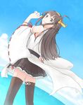  ahoge bad_id bad_pixiv_id blue_sky blush brown_eyes brown_hair brown_legwear cloud cloudy_sky day detached_sleeves double_bun from_behind hairband heart highres kantai_collection kongou_(kantai_collection) long_hair looking_at_viewer looking_back nontraditional_miko ocean pleated_skirt ribbon-trimmed_sleeves ribbon_trim skirt sky solo thighhighs toufu_(artist) water zettai_ryouiki 