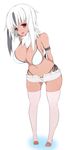  absol arms_behind_back bikini black_hair blush breasts dark_skin gen_3_pokemon highres large_breasts long_hair multicolored_hair natsuki_straight navel open_mouth personification pink_legwear pokemon red_eyes shorts side-tie_bikini side_ponytail simple_background solo swimsuit tail thighhighs toeless_legwear white_background white_bikini white_hair 