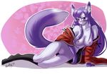 2014 abstract_background ayumi blush breasts canine clothing female fox fur hair japanese_clothing kimono long_hair looking_at_viewer lying mammal multi-colored_hair nipples nude pose purple_eyes purple_fur pussy smile solo white_fur whitephox 