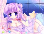  alternate_costume bed blue_eyes bow breasts cleavage garter_straps gem hair_bow hair_bun hair_ribbon holding kuze_matsuri long_hair looking_at_viewer lying medium_breasts nightgown patchouli_knowledge pillow purple_hair ribbon solo touhou wand 
