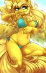  atryl bikini biting_lip breasts clothing equine female fur golden_ticket horn mammal navel original_character pinup pose pussy shaded solo swimsuit winged_unicorn wings yellow_fur 
