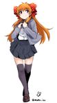  black_legwear bow full_body gekkan_shoujo_nozaki-kun hair_bow hands_on_own_chest highres long_hair momo_(higanbana_and_girl) orange_hair polka_dot polka_dot_bow purple_eyes rouman_academy_uniform sakura_chiyo school_uniform smile solo standing thighhighs twitter_username white_background 