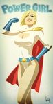  1girl alien blonde_hair character_name cleavage_cutout clenched_hand dc_comics fist flexing gloves kit kryptonian leotard pose power_girl red_cape short_hair smile solo wink 