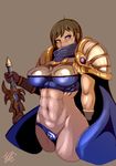  abs blush breasts brown_background brown_hair cape cavalry_(maslow) dated garen_crownguard genderswap genderswap_(mtf) gloves large_breasts league_of_legends mole muscle navel purple_eyes short_hair shoulder_pads signature simple_background solo sword weapon 
