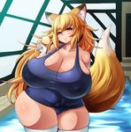  1girl animal_ears blonde_hair breasts cleavage erect_nipples fat female food fox_ears fox_tail gigantic_breasts gloves highres ice_cream long_hair obese one-piece_swimsuit pool rei_no_pool sexually_suggestive smile solo standing swimsuit tail thighhighs umigarasu_(magipro) water white_gloves white_legwear white_thighhighs wide_hips yellow_eyes 