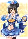  :d bad_id bad_pixiv_id black_hair breasts cosplay fukuyama_mai fukuyama_mai_(cosplay) gloves hair_ornament highres idolmaster idolmaster_cinderella_girls magical_girl medium_breasts midriff navel open_mouth paopao short_hair smile solo takafuji_kako wand yellow_eyes 