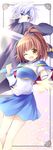  1girl ;d arle_nadja armor armored_dress bad_id bad_pixiv_id blue_eyes brown_hair cape clenched_hand half_updo headband madou_monogatari one_eye_closed open_mouth puyopuyo schezo_wegey shirt short_hair skirt smile sword weapon white_hair yellow_eyes yomogi_komegura 