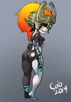  artist_name ass blonde_hair breasts colo_(nagrolaz) fang from_behind gradient_hair grin helmet imp long_hair looking_back midna multicolored_hair neon_trim nude orange_hair pointy_ears ponytail red_eyes small_breasts smile solo the_legend_of_zelda the_legend_of_zelda:_twilight_princess yellow_sclera 