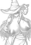  areolae bare_shoulders between_breasts breasts breasts_outside detached_sleeves dragon's_crown dress greyscale hat hat_over_one_eye huge_breasts long_hair m_hito monochrome nipples puffy_nipples solo sorceress_(dragon's_crown) staff strapless strapless_dress sweat witch_hat 