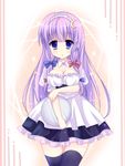  alternate_costume black_legwear blue_eyes bow breasts cleavage crescent crescent_hair_ornament hair_bow hair_ornament hair_ribbon highres holding kuze_matsuri large_breasts long_hair looking_at_viewer maid maid_headdress patchouli_knowledge purple_hair ribbon solo thighhighs touhou tray zettai_ryouiki 
