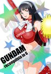  bad_id bad_pixiv_id bare_shoulders black_hair blue_eyes breasts cheerleader covered_nipples detached_sleeves gundam gundam_g_no_reconguista highres impossible_clothes impossible_shirt large_breasts long_hair looking_at_viewer manny_ambassada navel pom_poms sakamoto_(shouten) shirt skirt smile solo star title 