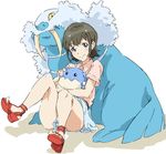  blue_eyes blush brown_hair closed_eyes crossover fangs full_body gen_3_pokemon hayashida_airi looking_at_viewer mole mole_under_eye pokemon pokemon_(creature) sandals short_hair simple_background sitting skirt smile spheal thighs toes umanosuke wake_up_girls! walrein white_background 