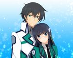  1girl aqua_eyes bangs black_hair blue_eyes blunt_bangs hair_ornament kishida-shiki long_hair looking_at_viewer mahouka_koukou_no_rettousei school_uniform shiba_miyuki shiba_tatsuya short_hair siblings smile snowflake_hair_ornament snowflakes upper_body 