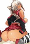  ass black_legwear blonde_hair blush breasts budget_sarashi cum cum_on_ass cum_on_body cum_on_breasts cum_on_glasses cum_on_upper_body dark_skin facial glasses headgear kantai_collection large_breasts long_hair looking_back musashi_(kantai_collection) nipples parted_lips pointy_hair red_eyes sarashi simple_background sitting skirt smile solo twintails wakamesan wariza white_background 