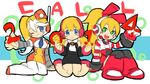  3girls blonde_hair blue_eyes blush_stickers call_(mighty_no._9) call_e call_f call_h garrison_cap green_eyes hat headphones kneeling long_hair low_twintails mighty_no._9 multicolored_hair multiple_girls multiple_persona natsume_yuji official_art ponytail robot_ears robot_joints side_ponytail sitting sketch smile twintails two-tone_hair uniform white_hair yokozuwari 