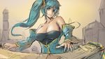  aqua_hair bare_shoulders blue_eyes breasts cleavage large_breasts league_of_legends pandea_work sketch smile solo sona_buvelle twintails upper_body 
