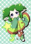  blue_eyes double_bun full_body green green_background green_hair highres horns kenmotsu_chiyo pointy_ears polka_dot polka_dot_background puyopuyo puyopuyo_fever rider_(puyopuyo) shoes short_hair skirt sleeves_past_wrists smile solo standing 