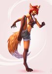  2014 abstract_background absurd_res alanscampos black_nose breasts brown_fur canine claws clothing female fox fur hair hi_res hindpaw invalid_tag looking_at_viewer mammal navel orange_fur paws pose red_eyes red_hair shirt short_hair shorts side_boob solo standing teeth white_fur 